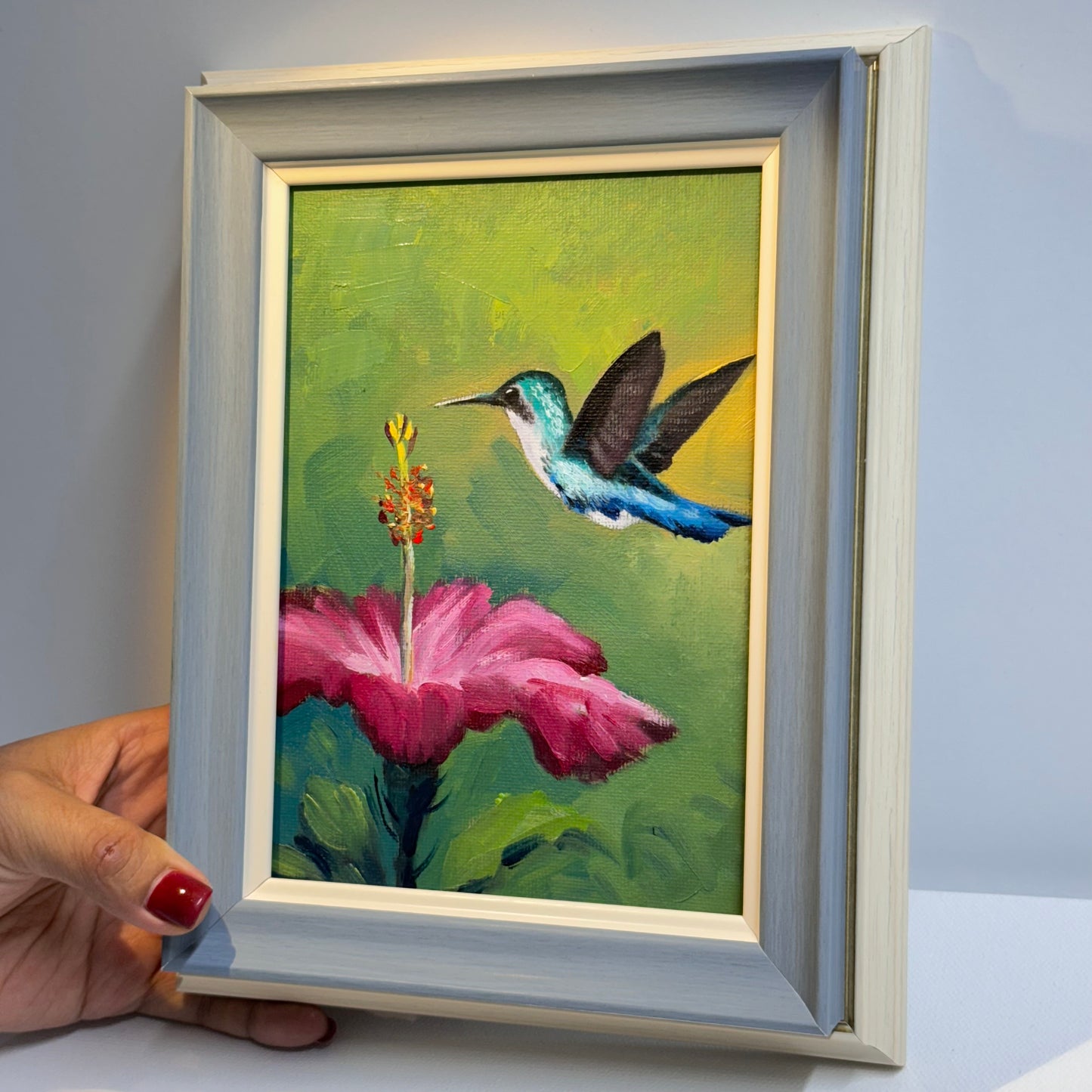 5"x7" Hummingbird and Flower Oil Painting - Hand-Painted Original Artwork on Canvas | Vibrant Bird & Floral Wall Art for Home Decor