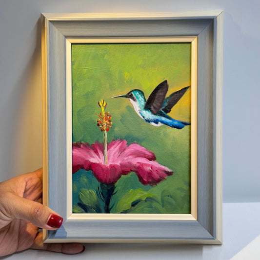 Hummingbird and Flower Oil Painting - Hand-Painted Original Artwork on Canvas | Vibrant Bird & Floral Wall Art for Home Decor