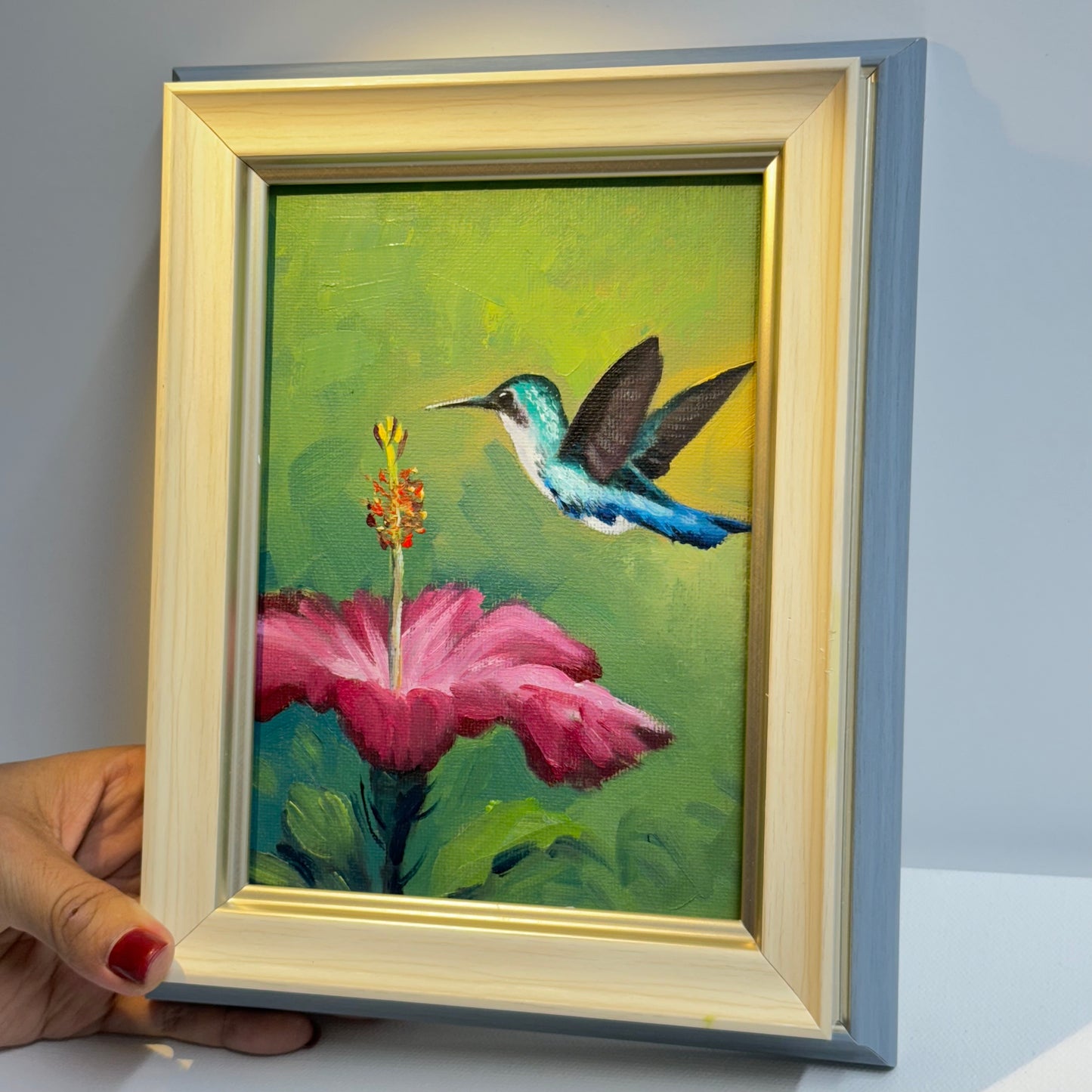 5"x7" Hummingbird and Flower Oil Painting - Hand-Painted Original Artwork on Canvas | Vibrant Bird & Floral Wall Art for Home Decor