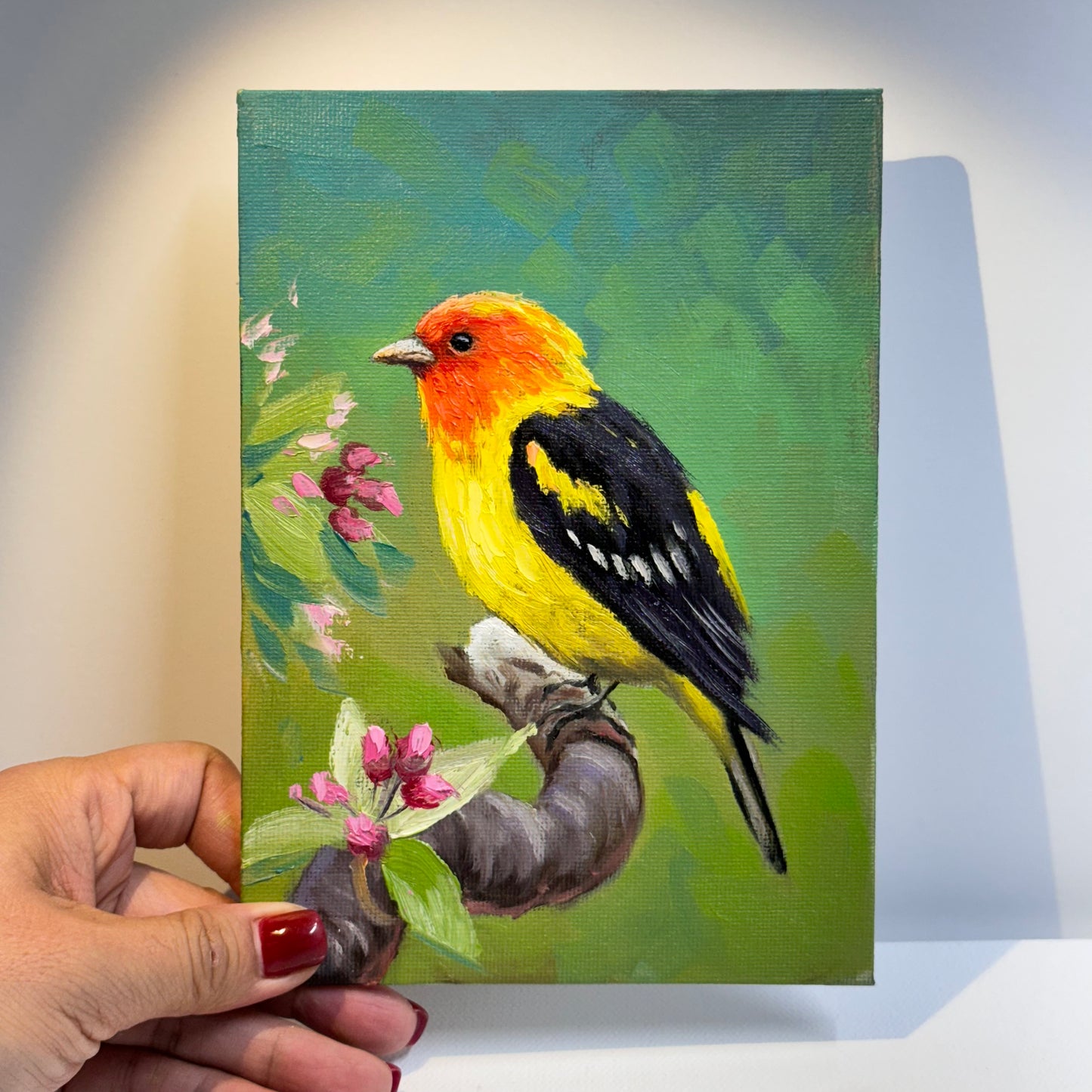 Vibrant Western Tanager Bird - Original Oil Painting 5"x7" on canvas panel | Hand-Painted Wildlife Art for Home Decor