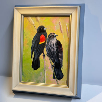 Red-Winged Blackbird Pair - Original Oil Painting | Hand-Painted Bird Art for Home Decor