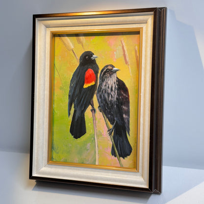 5"x7" Red-Winged Blackbird Pair - Original Oil Painting | Hand-Painted Bird Art for Home Decor