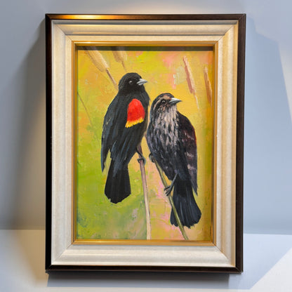 Red-Winged Blackbird Pair - Original Oil Painting | Hand-Painted Bird Art for Home Decor