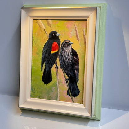 5"x7" Red-Winged Blackbird Pair - Original Oil Painting | Hand-Painted Bird Art for Home Decor