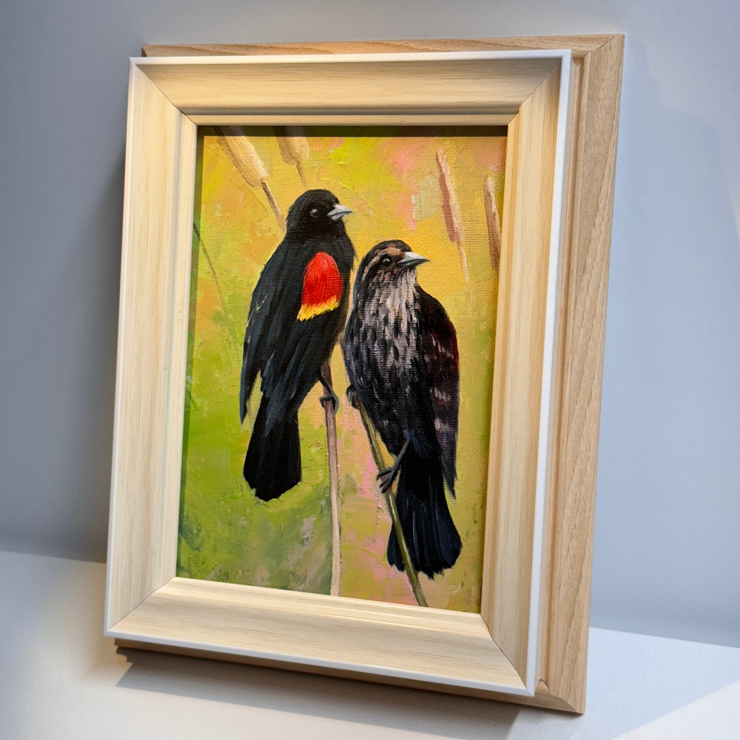 Red-Winged Blackbird Pair - Original Oil Painting | Hand-Painted Bird Art for Home Decor