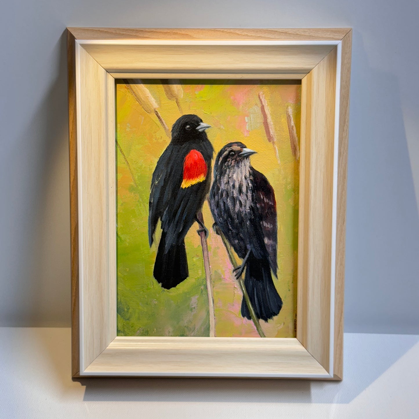 5"x7" Red-Winged Blackbird Pair - Original Oil Painting | Hand-Painted Bird Art for Home Decor