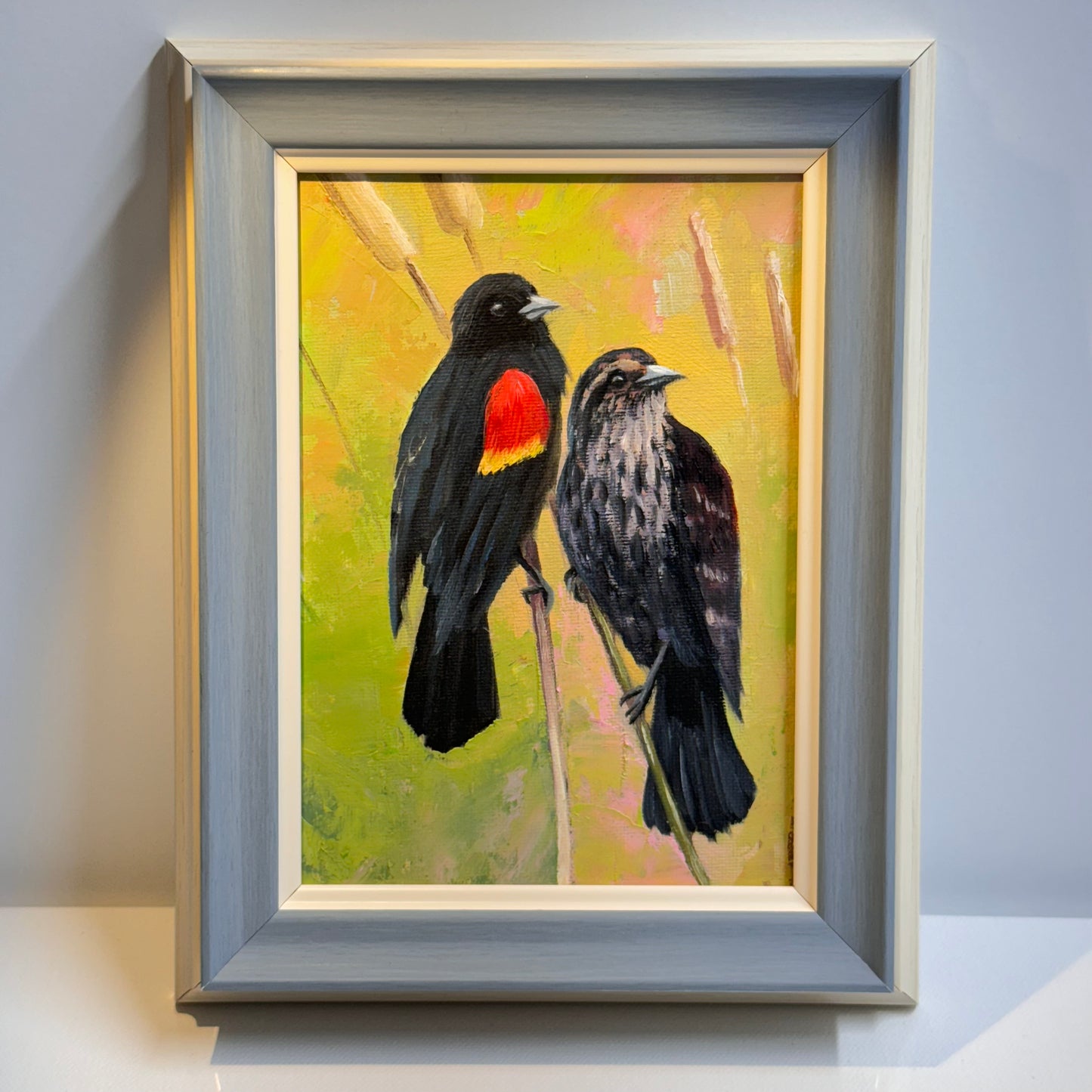 5"x7" Red-Winged Blackbird Pair - Original Oil Painting | Hand-Painted Bird Art for Home Decor