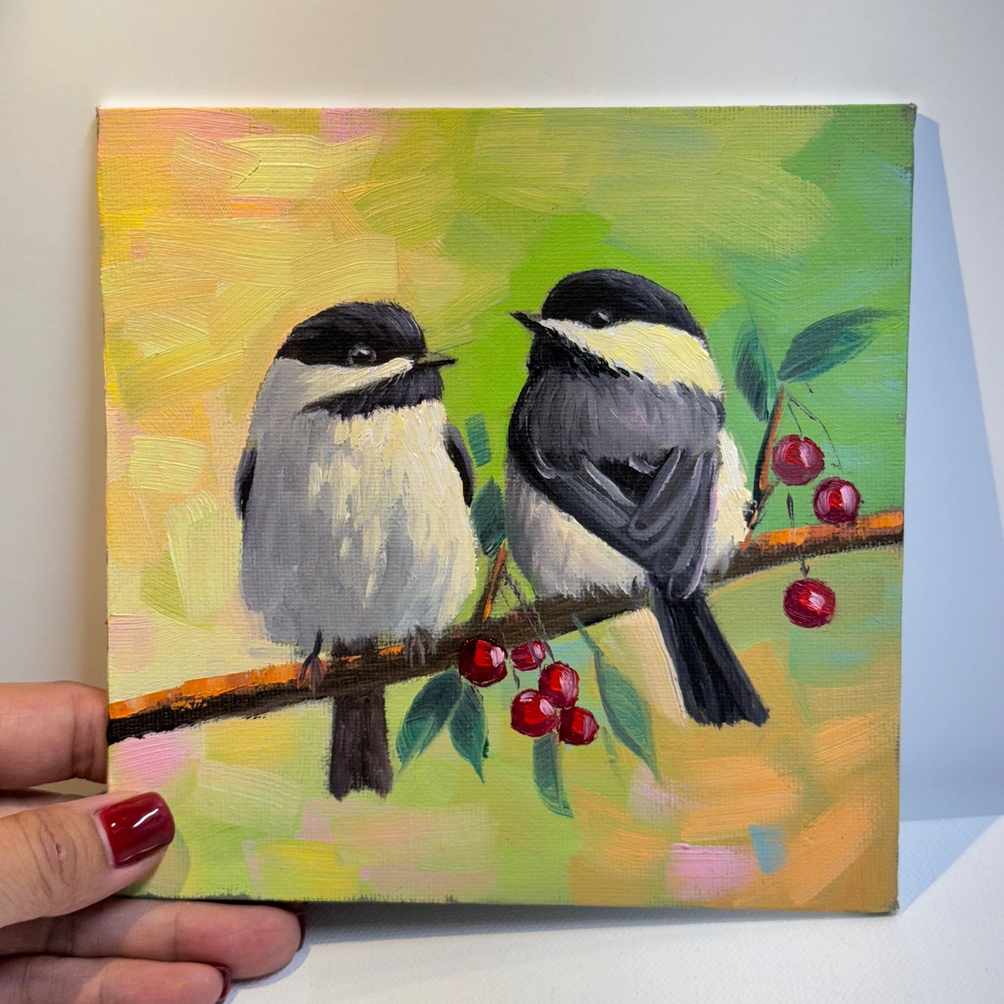 Charming Chickadee Pair on a Branch - Original Oil Painting 6"x6" on canvas panel| Hand-Painted Bird Artwork for Nature Lovers