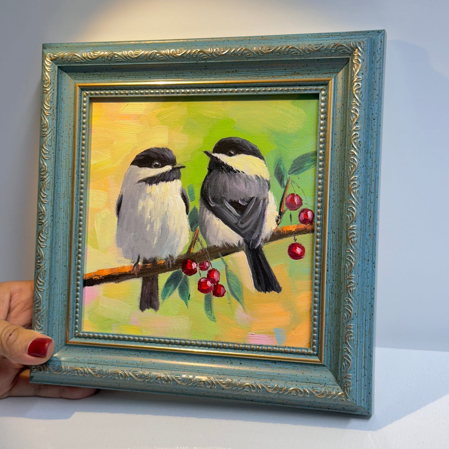 6"x6" Charming Chickadee Pair on a Branch - Original Oil Painting on canvas panel| Hand-Painted Bird Artwork for Nature Lovers