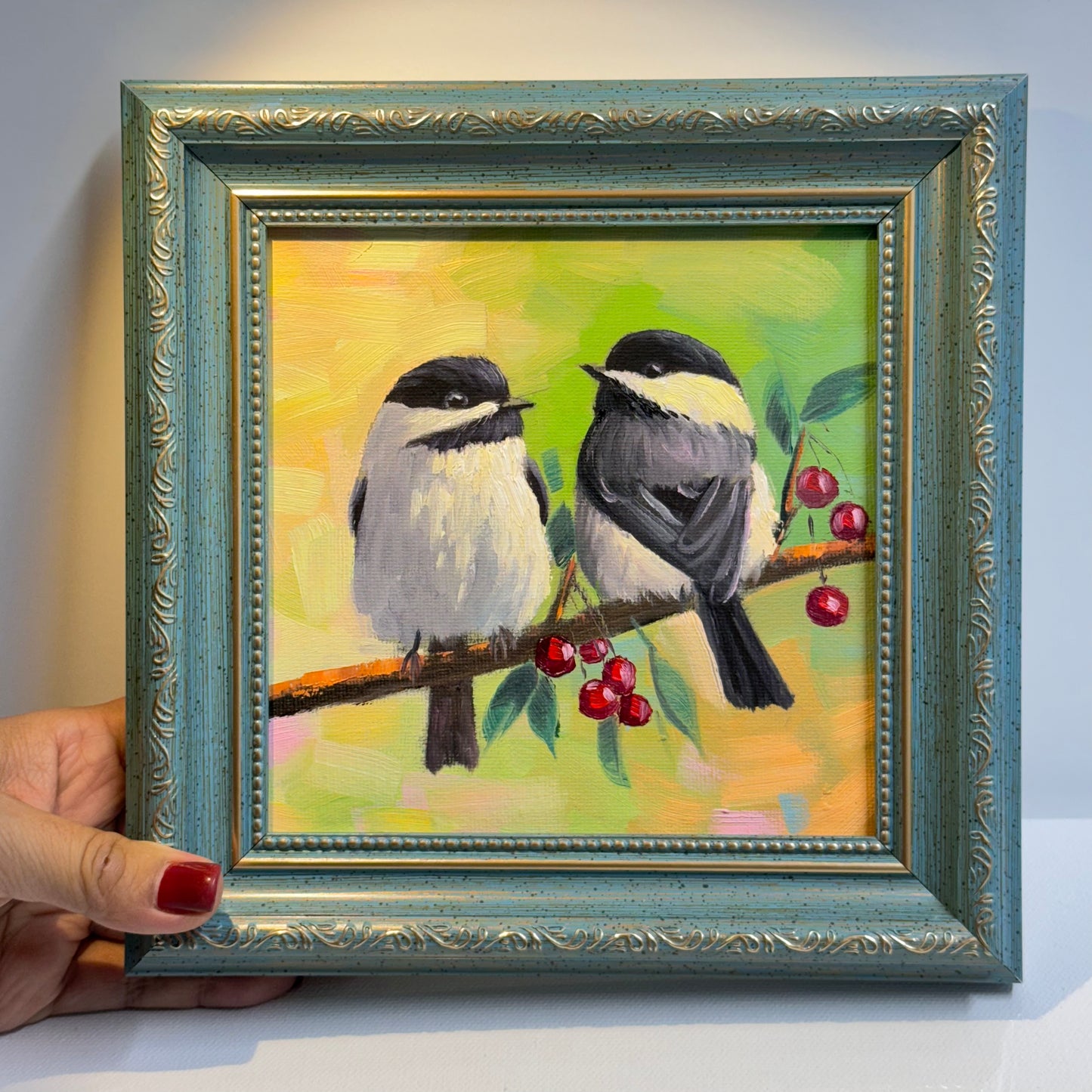 Charming Chickadee Pair on a Branch - Original Oil Painting 6"x6" on canvas panel| Hand-Painted Bird Artwork for Nature Lovers