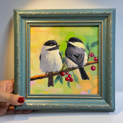 6"x6" Charming Chickadee Pair on a Branch - Original Oil Painting on canvas panel| Hand-Painted Bird Artwork for Nature Lovers