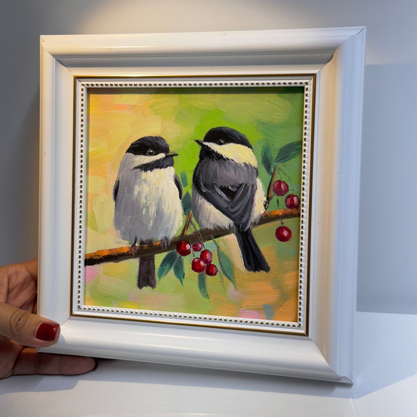 6"x6" Charming Chickadee Pair on a Branch - Original Oil Painting on canvas panel| Hand-Painted Bird Artwork for Nature Lovers