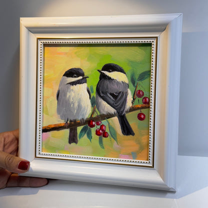 Charming Chickadee Pair on a Branch - Original Oil Painting 6"x6" on canvas panel| Hand-Painted Bird Artwork for Nature Lovers