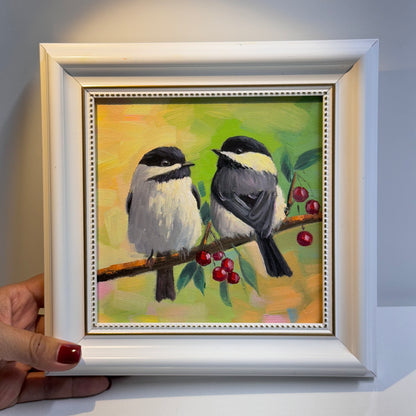 6"x6" Charming Chickadee Pair on a Branch - Original Oil Painting on canvas panel| Hand-Painted Bird Artwork for Nature Lovers