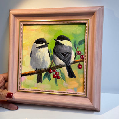 6"x6" Charming Chickadee Pair on a Branch - Original Oil Painting on canvas panel| Hand-Painted Bird Artwork for Nature Lovers