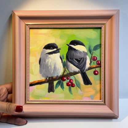 6"x6" Charming Chickadee Pair on a Branch - Original Oil Painting on canvas panel| Hand-Painted Bird Artwork for Nature Lovers