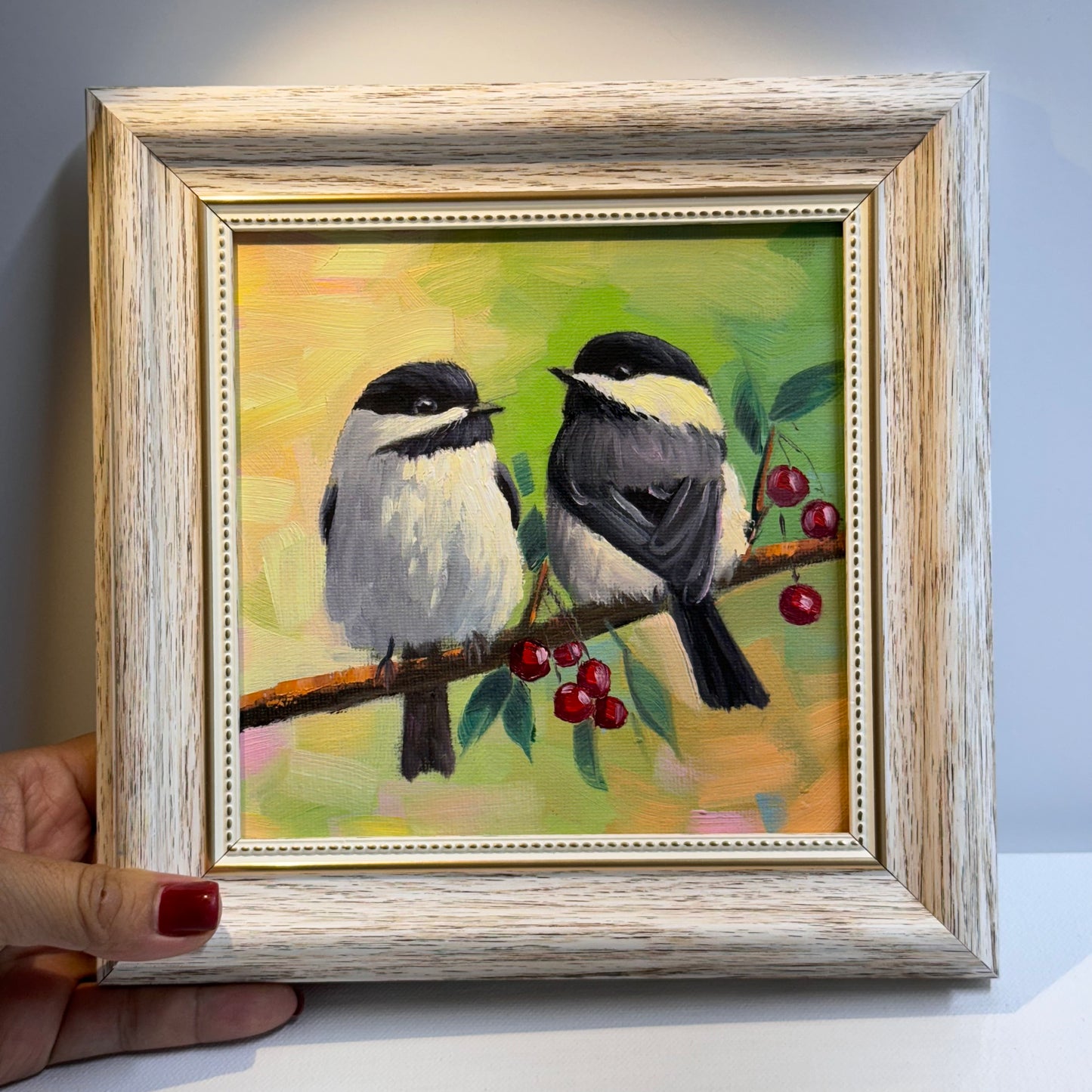 Charming Chickadee Pair on a Branch - Original Oil Painting 6"x6" on canvas panel| Hand-Painted Bird Artwork for Nature Lovers