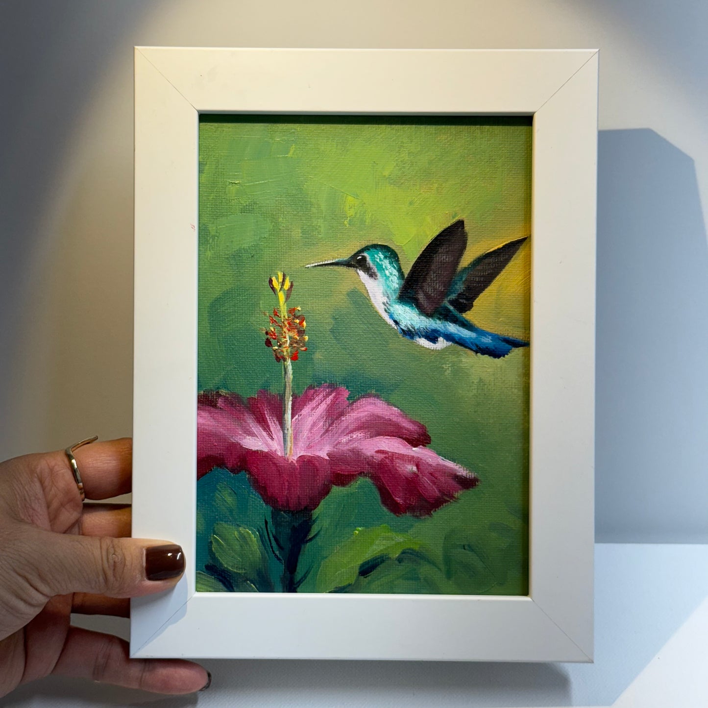 5"x7" Hummingbird and Flower Oil Painting - Hand-Painted Original Artwork on Canvas | Vibrant Bird & Floral Wall Art for Home Decor