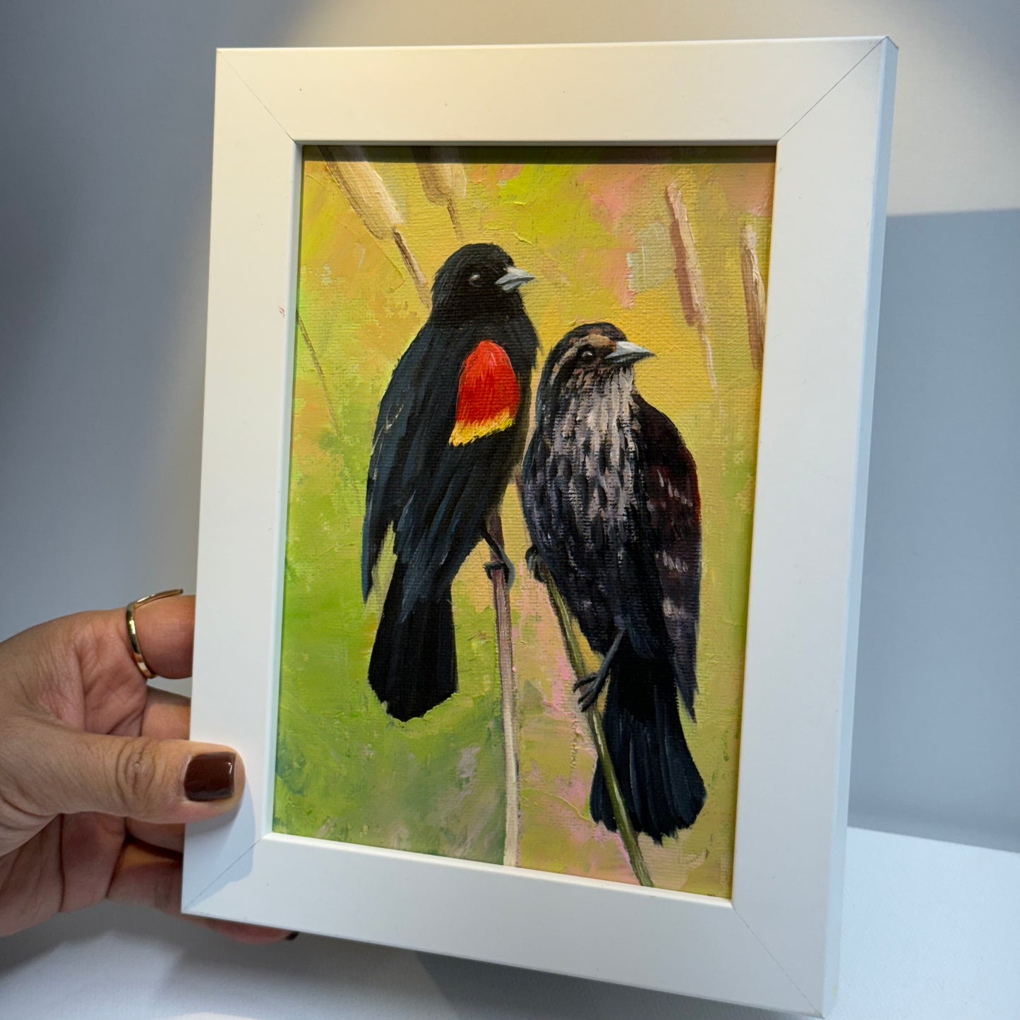 Red-Winged Blackbird Pair - Original Oil Painting | Hand-Painted Bird Art for Home Decor