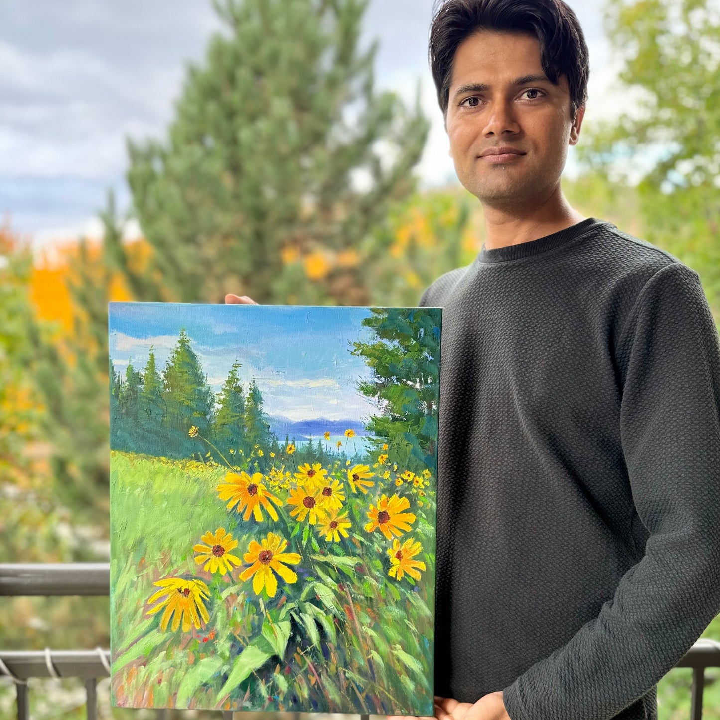 16x20" Wild yellow flowers at Knox mountain in Kelowna,BC, Canada, Original landscape oil painting art on Stretched Canvas