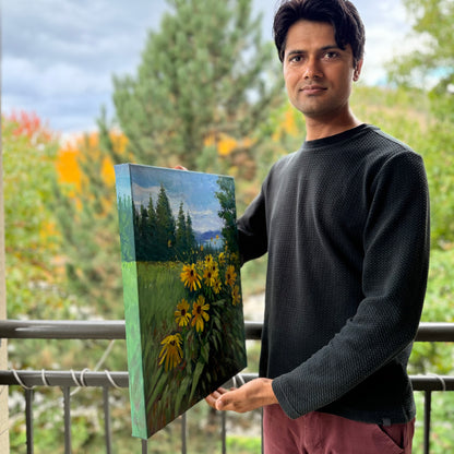 16x20" Wild yellow flowers at Knox mountain in Kelowna,BC, Canada, Original landscape oil painting art on Stretched Canvas