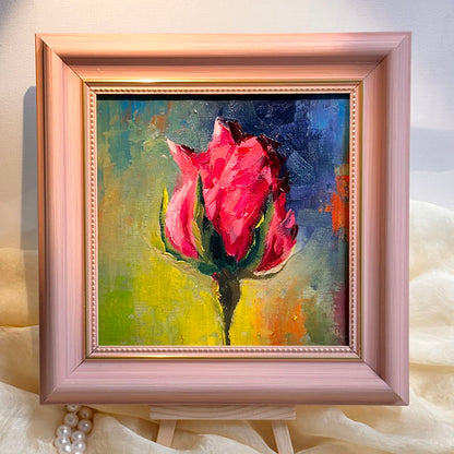 6"x6" Red rose flower Original Handmade oil painting on Canvas panel Wall Art/unique gift