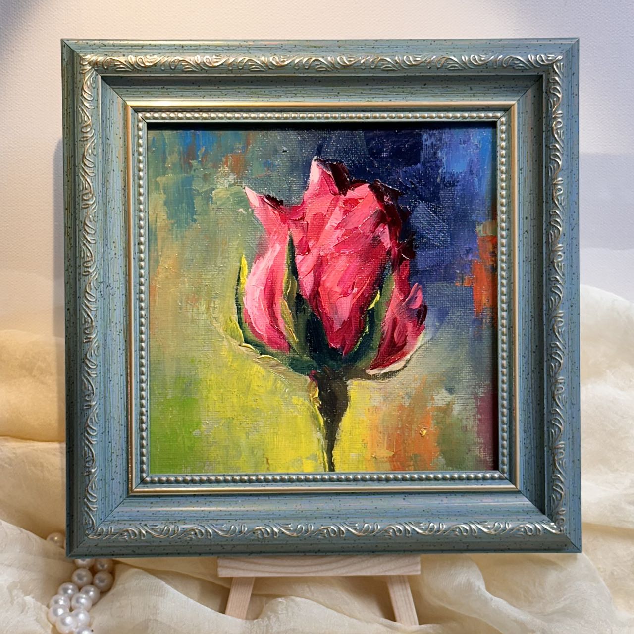 6"x6" Red rose flower Original Handmade oil painting on Canvas panel Wall Art/unique gift