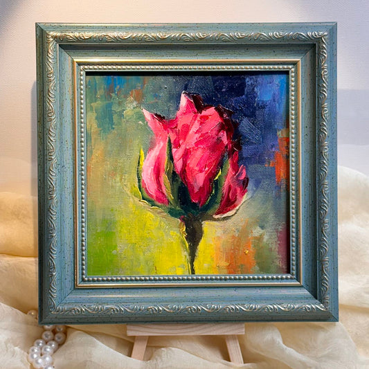 6"x6" Red rose flower Original Handmade oil painting on Canvas panel Wall Art/unique gift