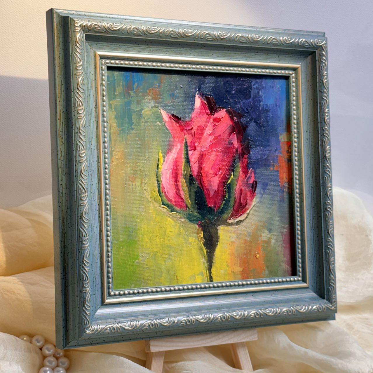 6"x6" Red rose flower Original Handmade oil painting on Canvas panel Wall Art/unique gift