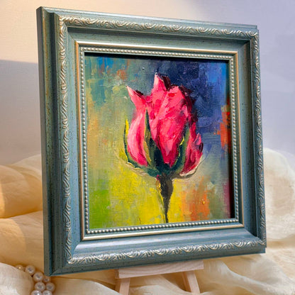 6"x6" Red rose flower Original Handmade oil painting on Canvas panel Wall Art/unique gift