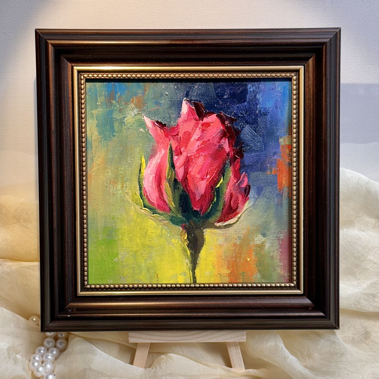 6"x6" Red rose flower Original Handmade oil painting on Canvas panel Wall Art/unique gift