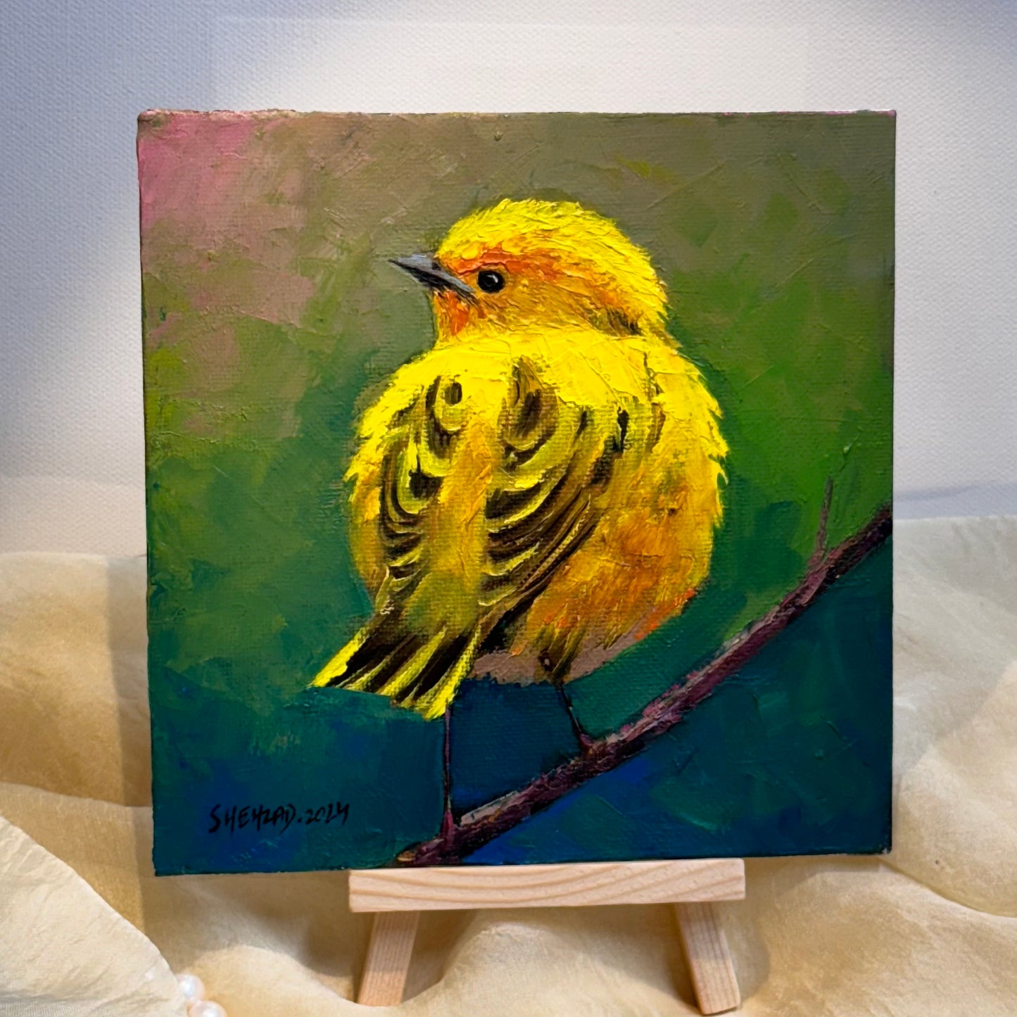 6"x6" Original  yellow Warbler oil painting on Canvas panel  Wall Art Home Decor