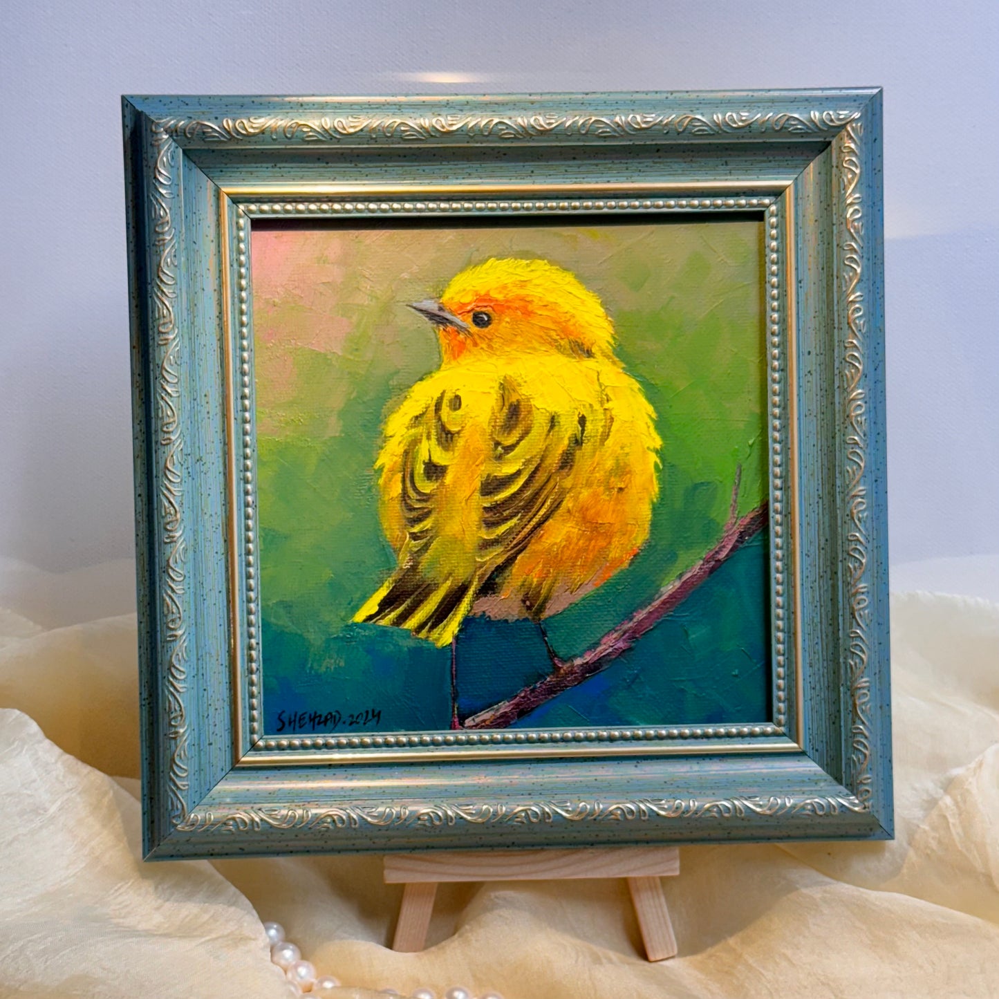 6"x6" Original  yellow Warbler oil painting on Canvas panel  Wall Art Home Decor