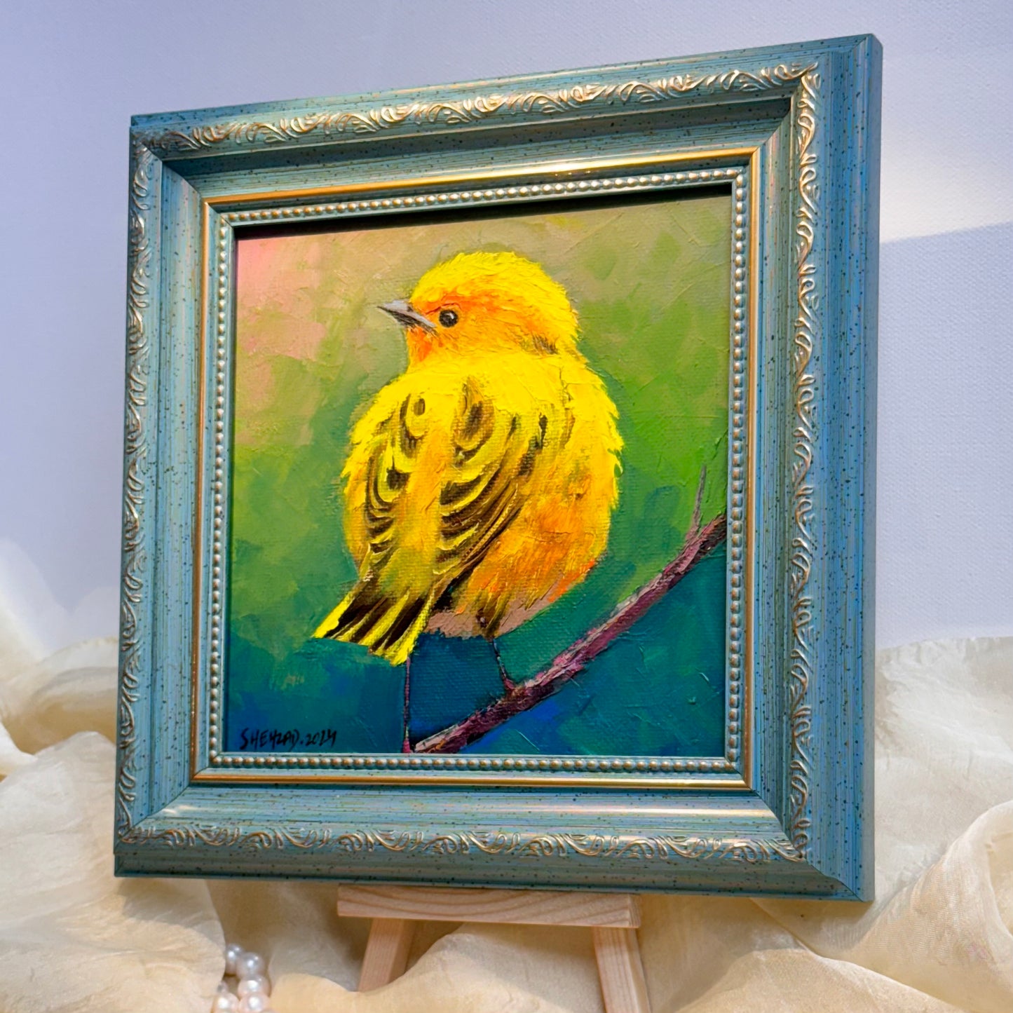 6"x6" Original  yellow Warbler oil painting on Canvas panel  Wall Art Home Decor