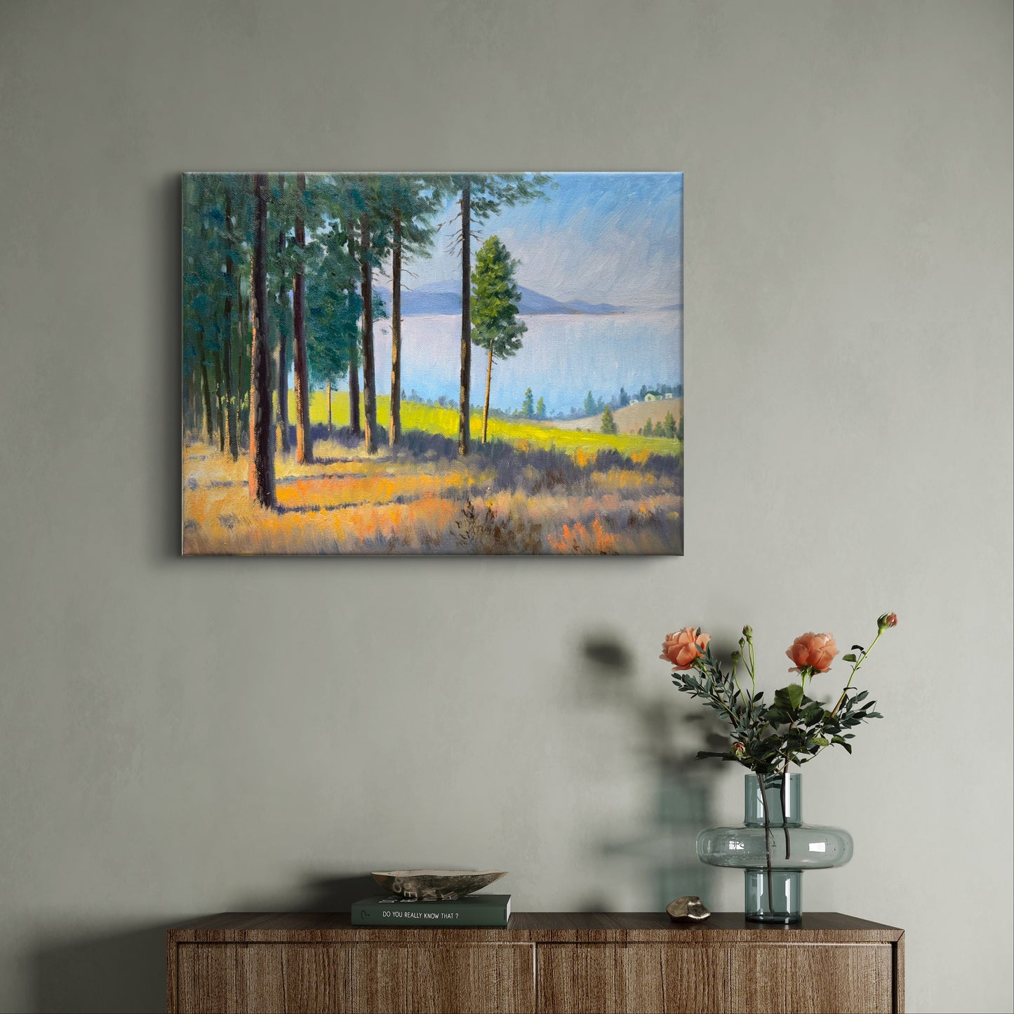 Through The Pines to the Okanagan Lake- hand painted original oil painting on canvas without frame home decor