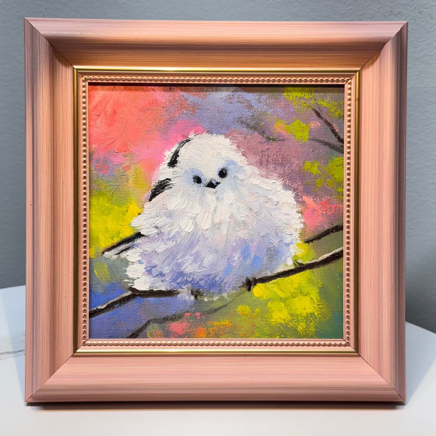 6"x6" Cute Fairy Snow tit, Shima enaga fluffy white bird Oil Painting on Canvas