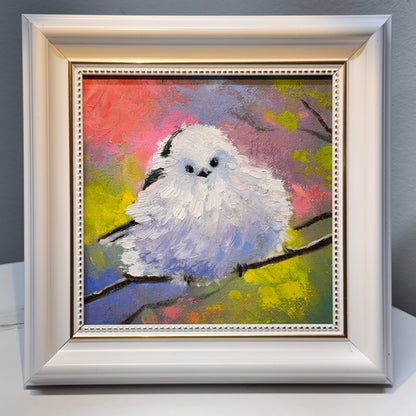 6"x6" Cute Fairy Snow tit, Shima enaga fluffy white bird Oil Painting on Canvas