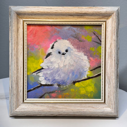 6"x6" Cute Fairy Snow tit, Shima enaga fluffy white bird Oil Painting on Canvas