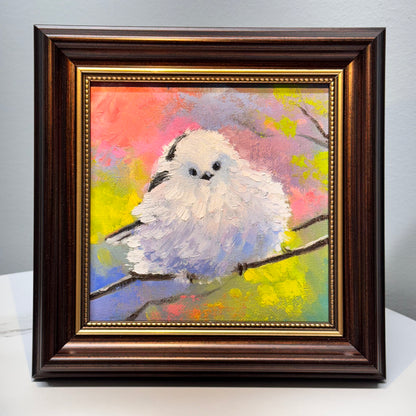 6"x6" Cute Fairy Snow tit, Shima enaga fluffy white bird Oil Painting on Canvas