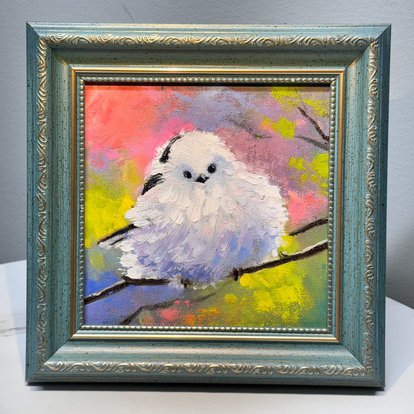 6"x6" Cute Fairy Snow tit, Shima enaga fluffy white bird Oil Painting on Canvas