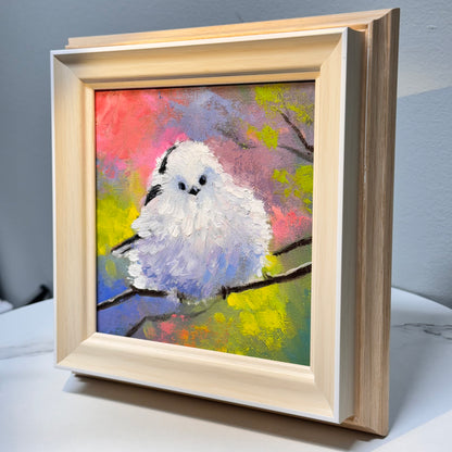 6"x6" Cute Fairy Snow tit, Shima enaga fluffy white bird Oil Painting on Canvas