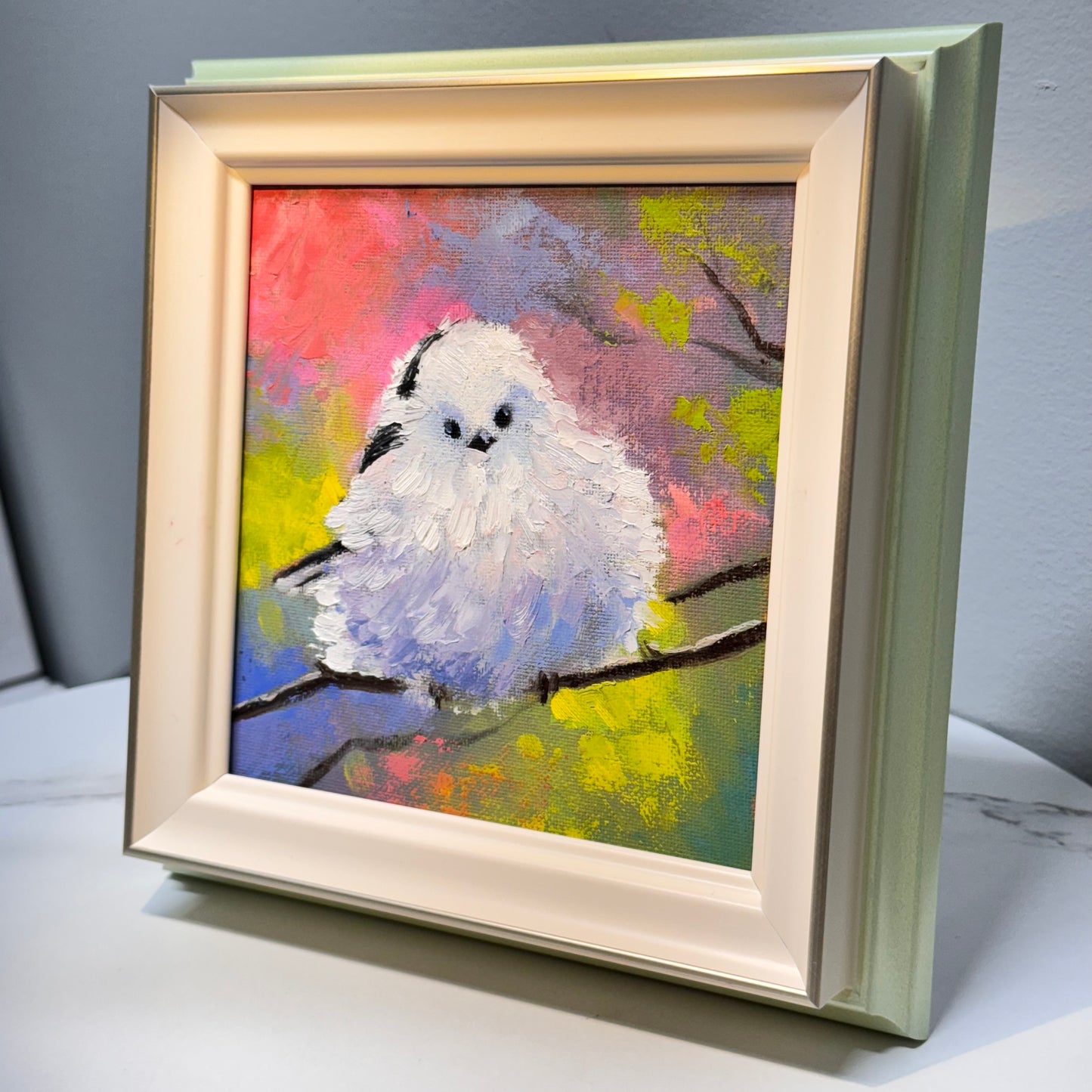 6"x6" Cute Fairy Snow tit, Shima enaga fluffy white bird Oil Painting on Canvas