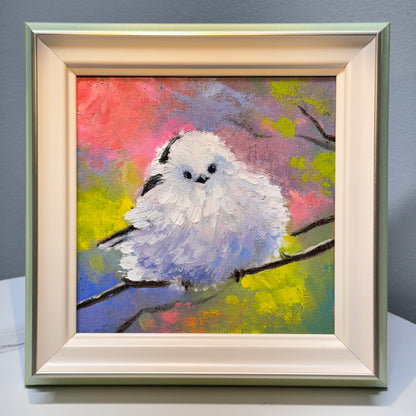 6"x6" Cute Fairy Snow tit, Shima enaga fluffy white bird Oil Painting on Canvas