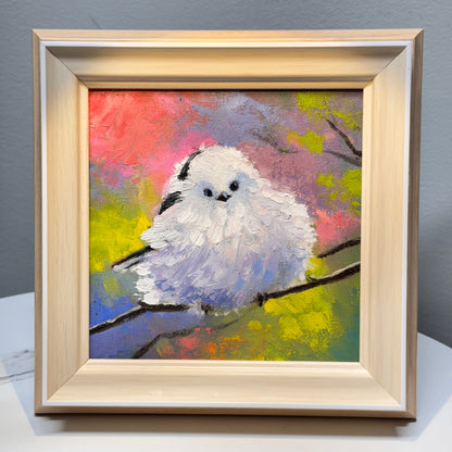 6"x6" Cute Fairy Snow tit, Shima enaga fluffy white bird Oil Painting on Canvas