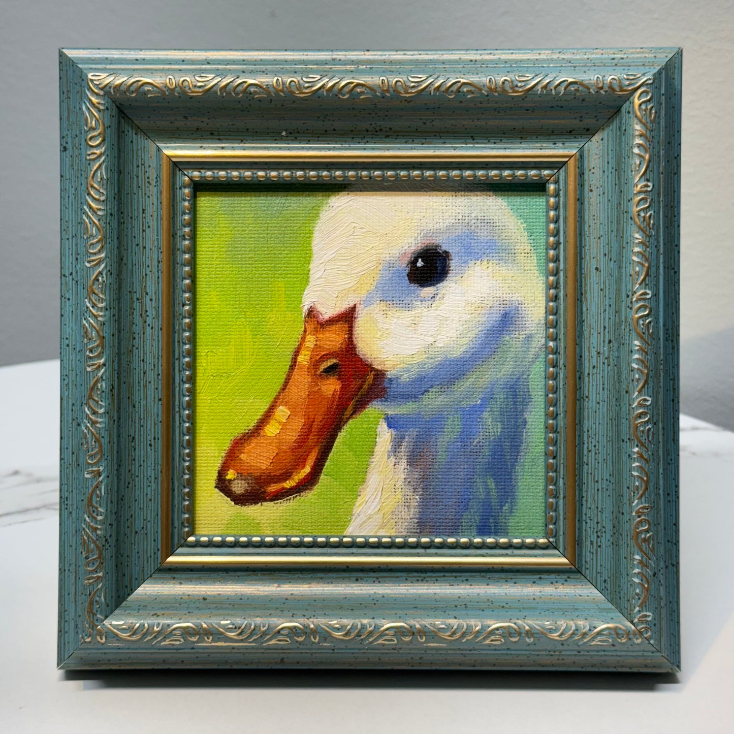 4"x4" Cute Duck Original Small Oil Painting - Framed Canvas Artwork for Home Decor | Charming Bird Art, Unique Gift