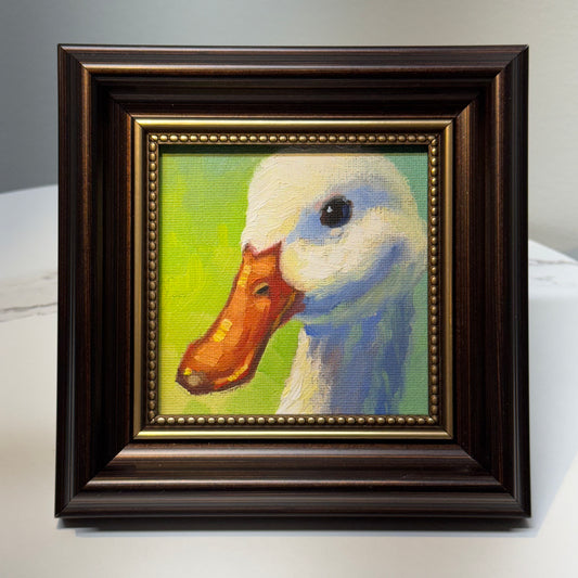 4"x4" Cute Duck Original Small Oil Painting - Framed Canvas Artwork for Home Decor | Charming Bird Art, Unique Gift