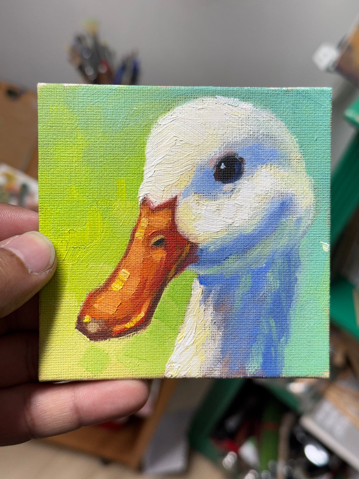 4"x4" Cute Duck Original Small Oil Painting - Framed Canvas Artwork for Home Decor | Charming Bird Art, Unique Gift