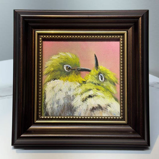 4"x4" Love Birds: Little white-eyed warblers  Original Oil Painting - Charming Bird Artwork for Home Decor | Nature Art, Wildlife Painting, Colorful Bird, Unique Gift