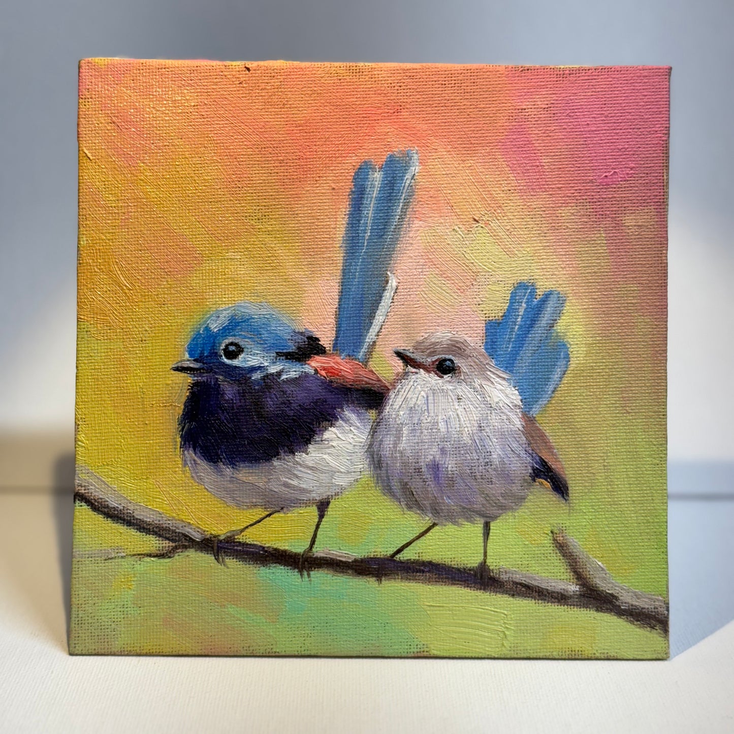 6"x6" Cute Fairywrens, Love birds Oil Painting on Canvas