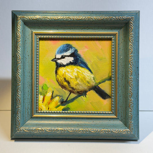 4"x4" Blue Tit: Little Cute Blue Tit Original Oil Painting - Charming Bird Artwork for Home Decor | Nature Art, Wildlife Painting, Colorful Bird, Unique Gift